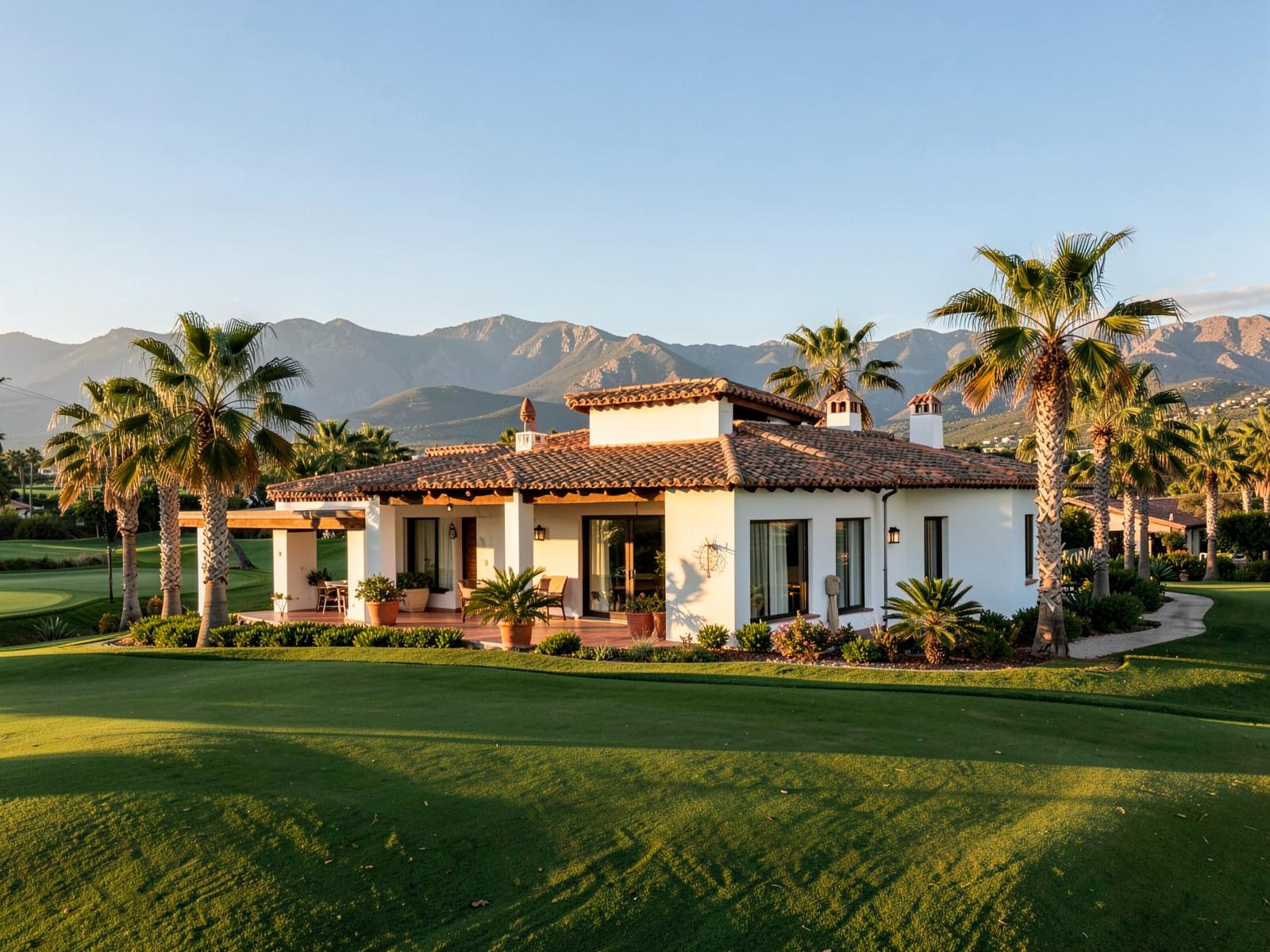 Whitewashed Mediterranean villa with palm trees on an established golf resort in the Murcia region of Spain, financed at 70% LTV as a holiday home for UK-resident buyers
