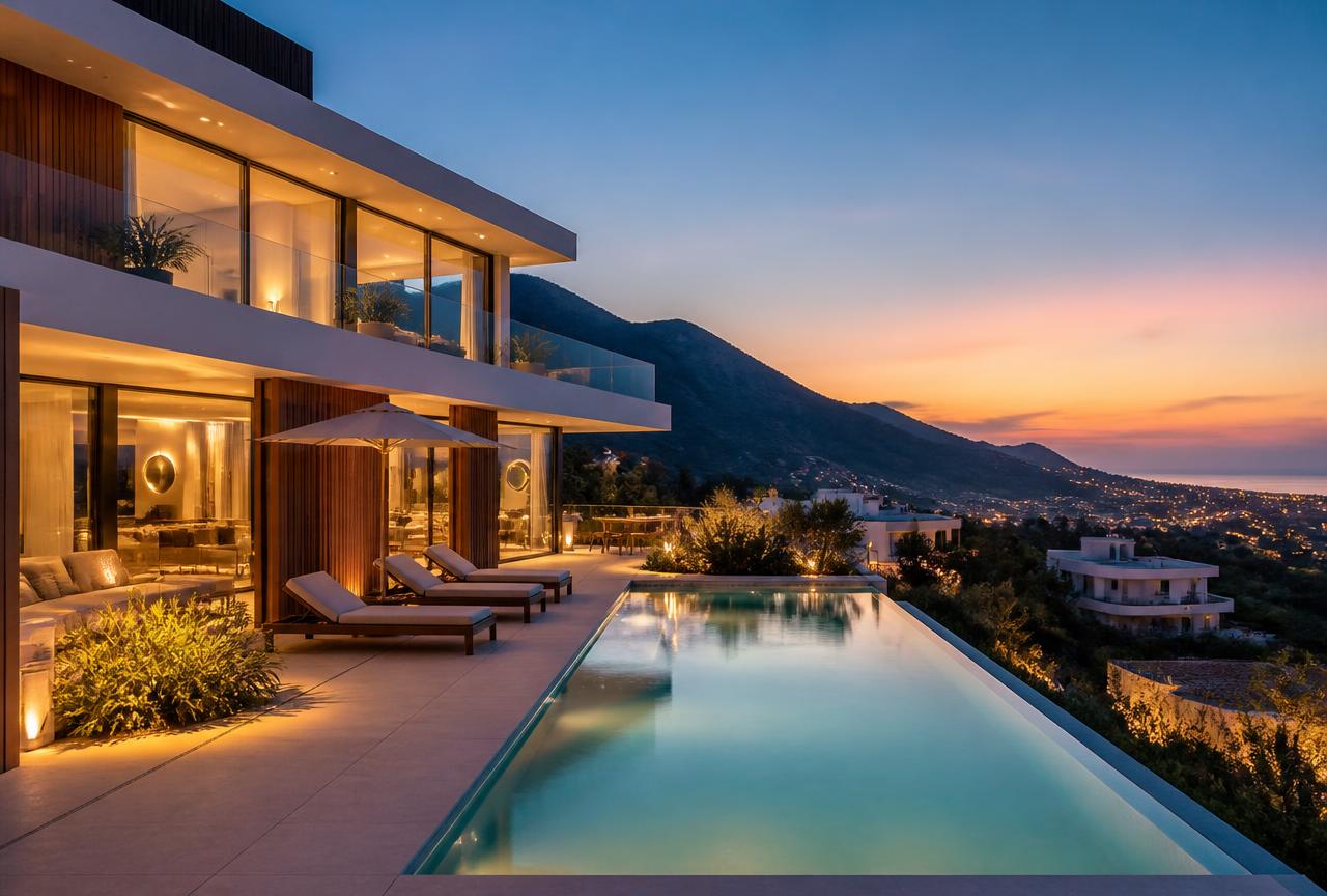 Contemporary hillside villa at dusk in Benahavís, Costa del Sol