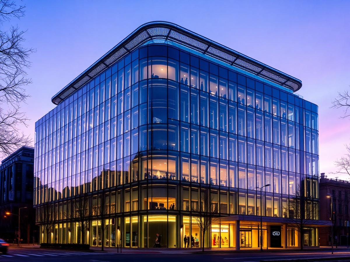 Modern Spanish commercial building at dusk
