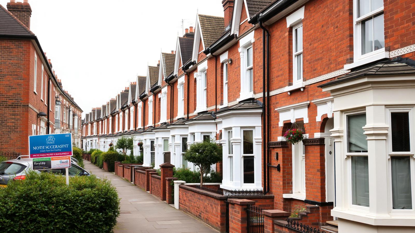 Street of UK terraced houses with a for-sale board chain-break bridging finance
