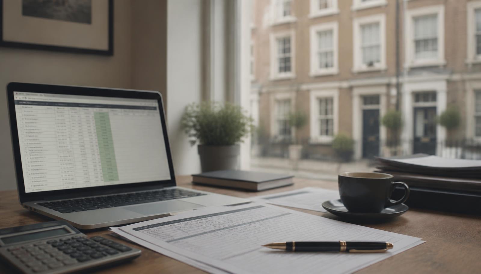 Desk with a UK bridging loan cost breakdown, fee schedule and calculator