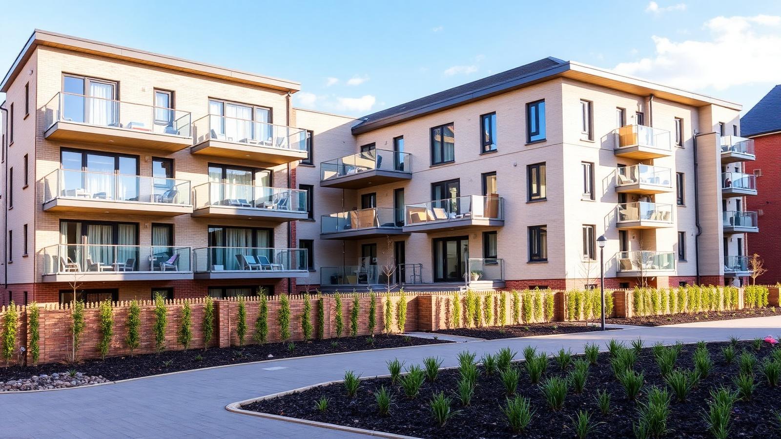 Newly completed UK apartment development with landscaping development exit finance