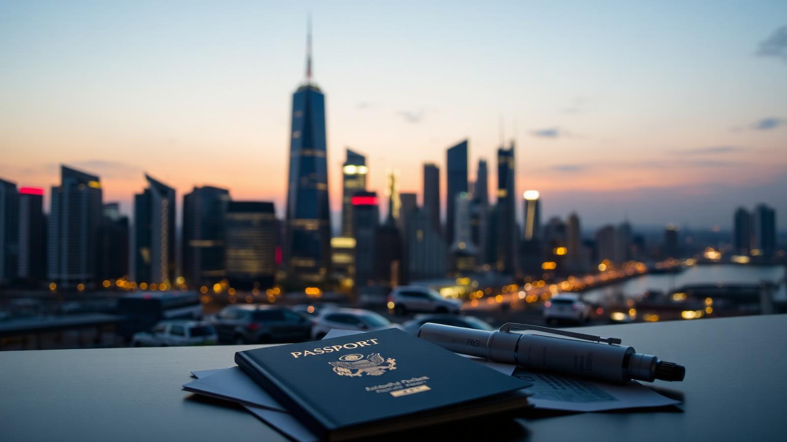 International city skyline at dusk with passport and documents expat UK bridging finance