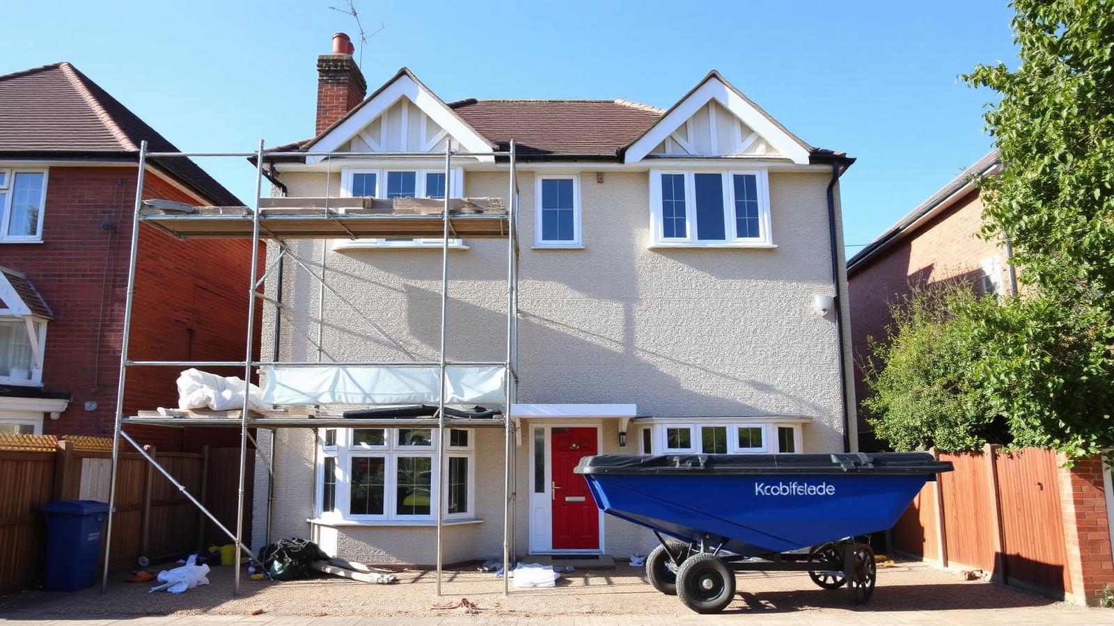 British house mid-refurbishment with scaffolding and skip refurbishment bridging finance